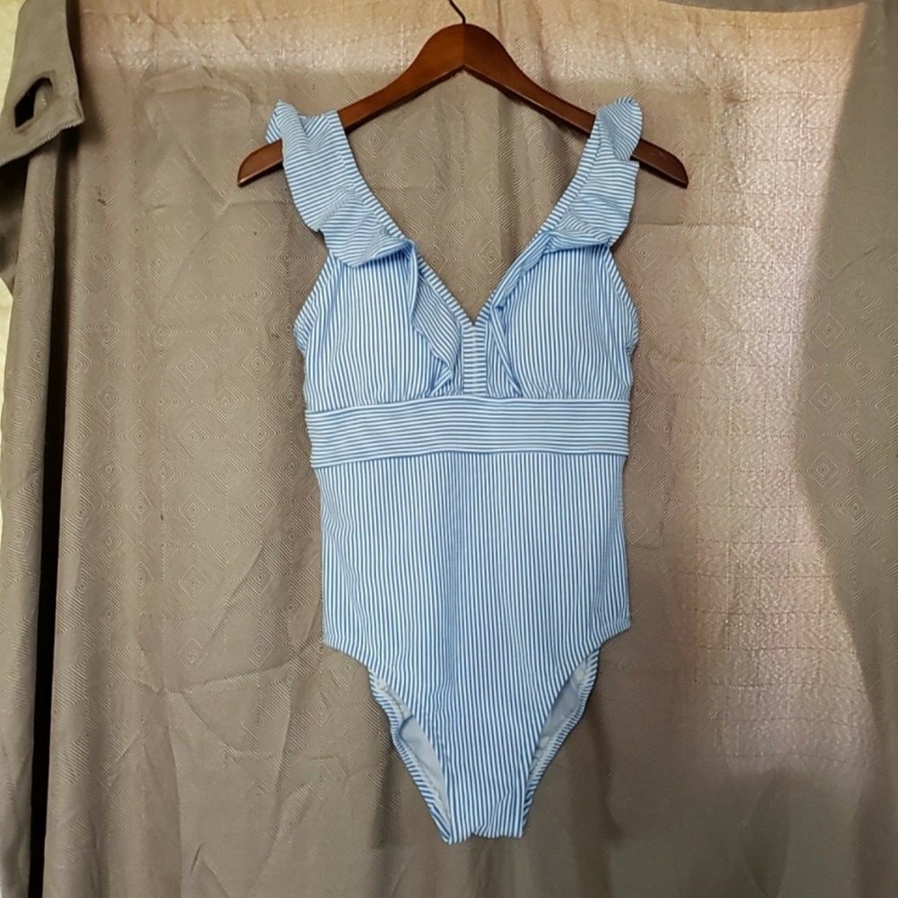 Time And Tru Swimsuit Womens M Blue Stripe One Piece Ruffle Lined Stretch
